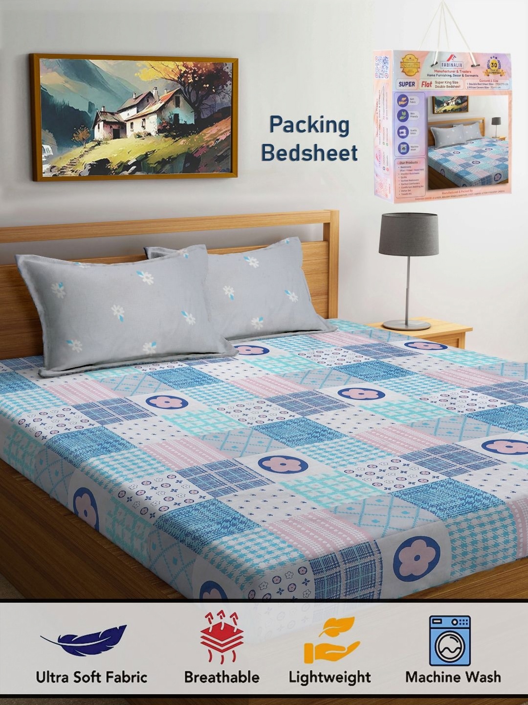 

FABINALIV Blue & White Geometric 300 TC King Bedsheet with 2 Pillow Covers