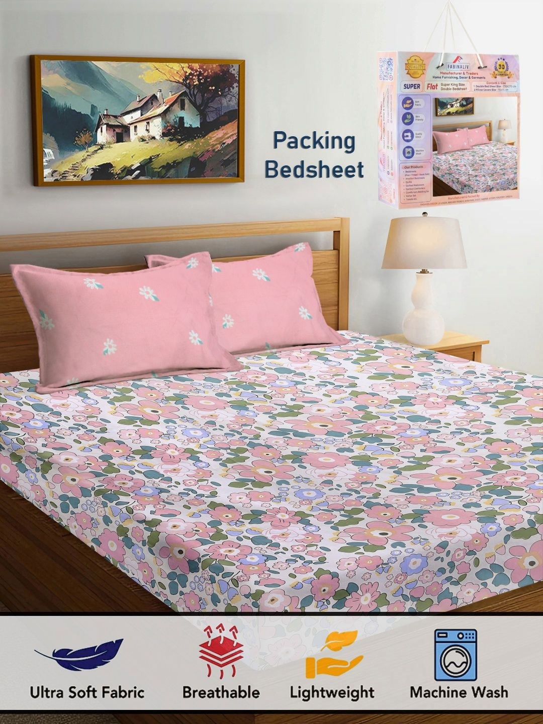 

FABINALIV Pink & White Floral 300 TC King Bedsheet with 2 Pillow Covers