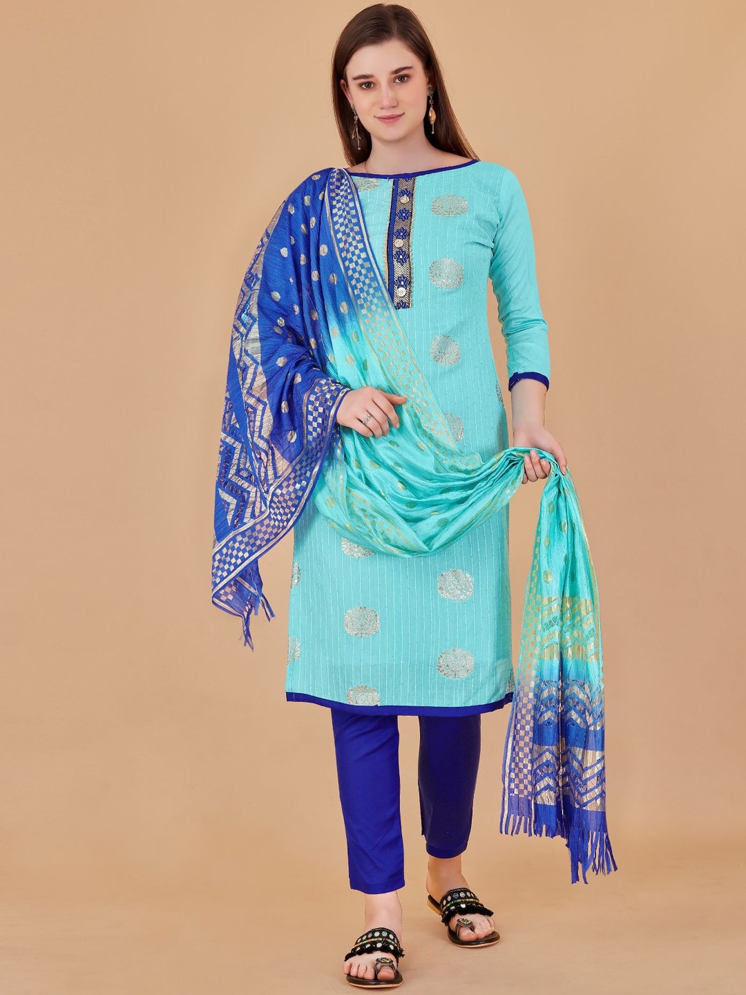 

LADY SHOPI Floral Woven Design Sequinned Unstitched Dress Material, Turquoise blue