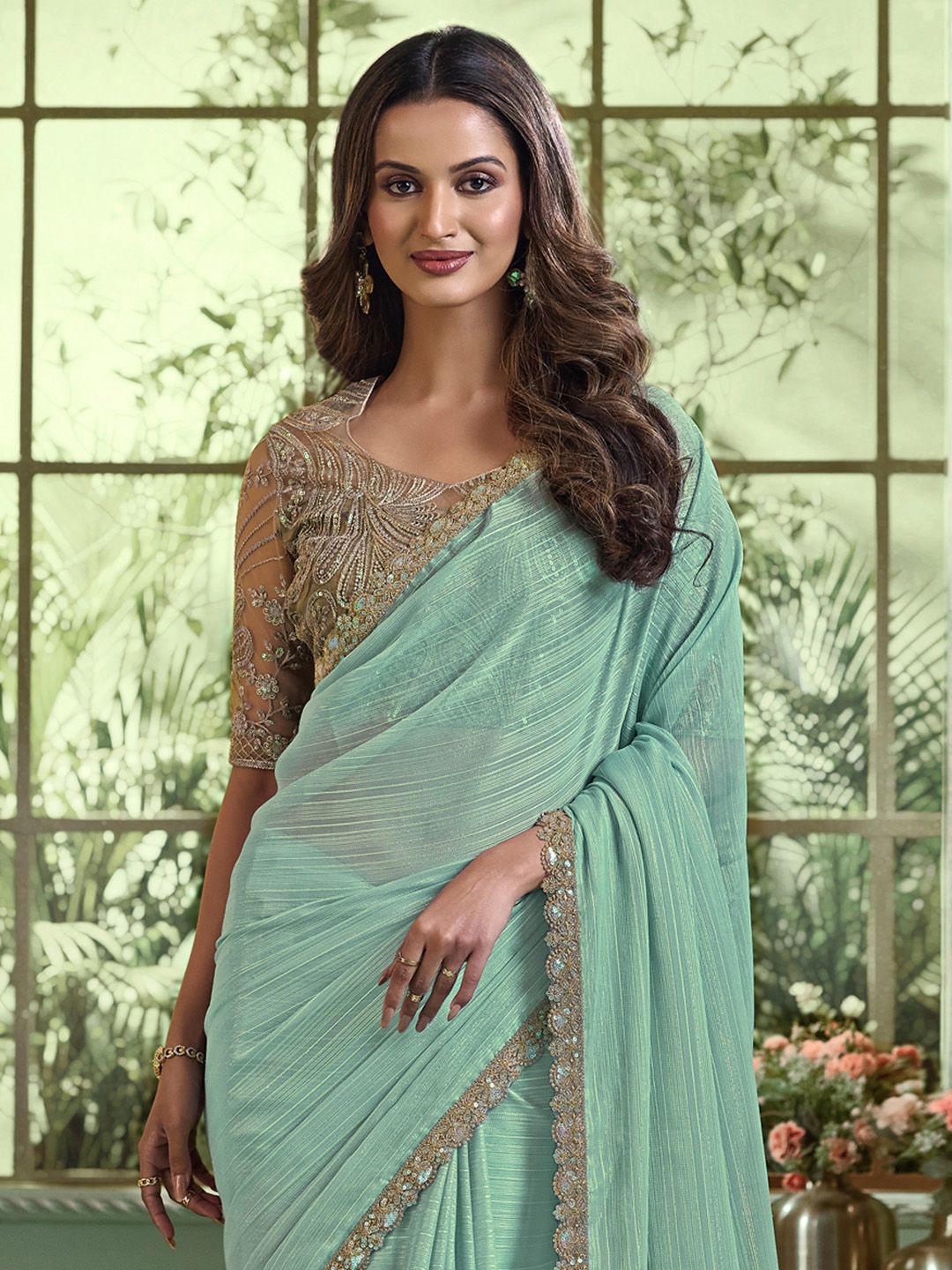 

Anouk Striped Embroidered Poly Chiffon Saree, Sea green