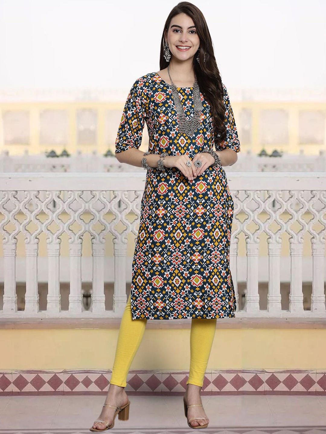 

KALINI Ethnic Motifs Printed Round Neck Straight Kurta, Blue