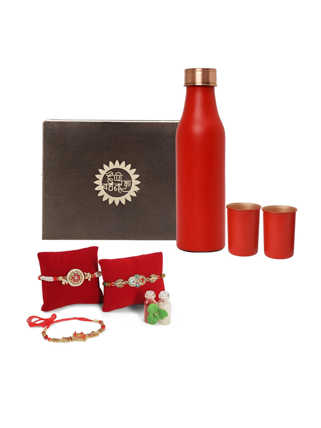 

INTERNATIONAL GIFT Set Of 6 Rakhi With Water Bottle & Glass, Red