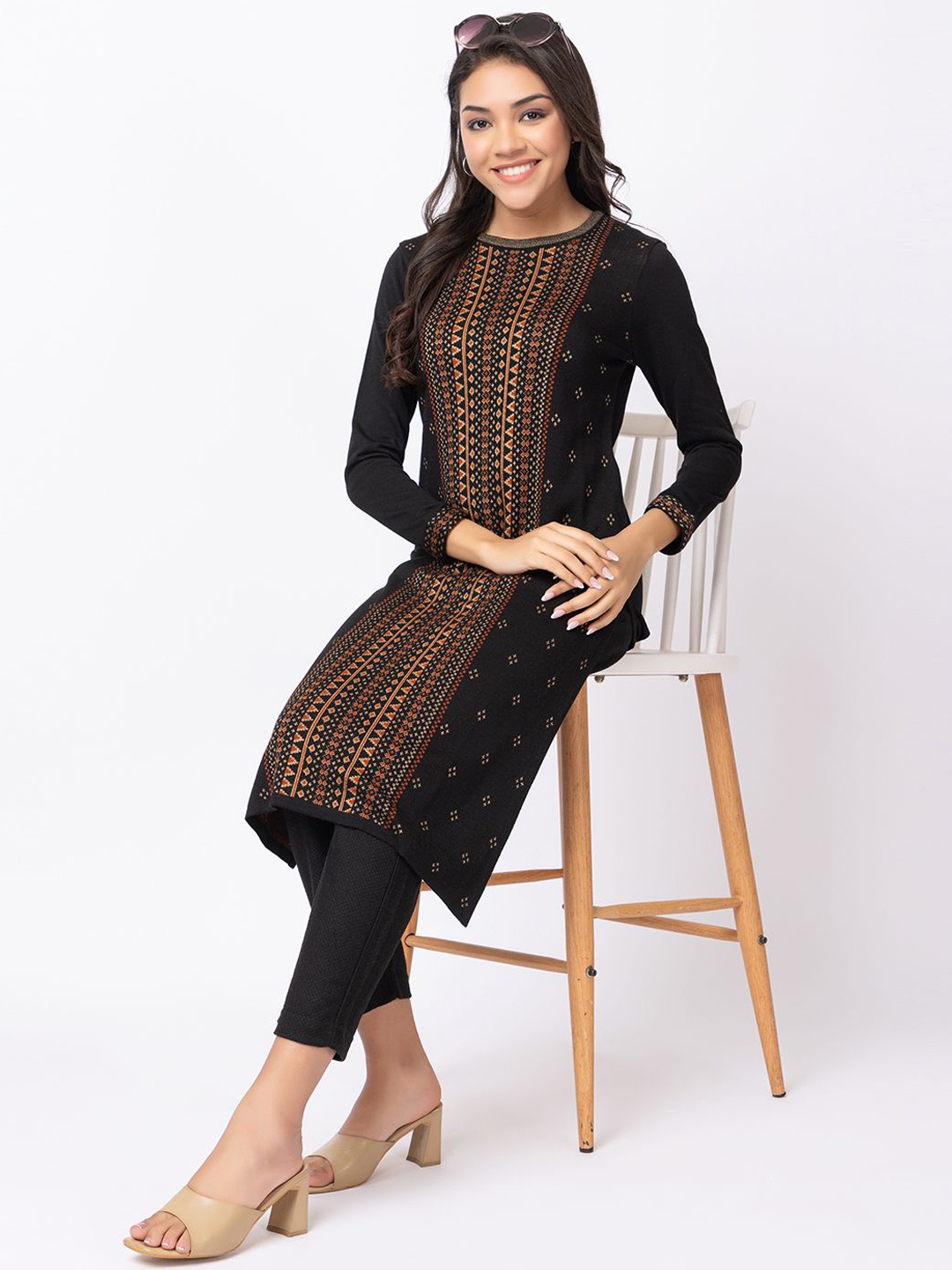 

Anouk Women Geometric Flared Sleeves Thread Work Jacquard Winter Wear Kurta, Black