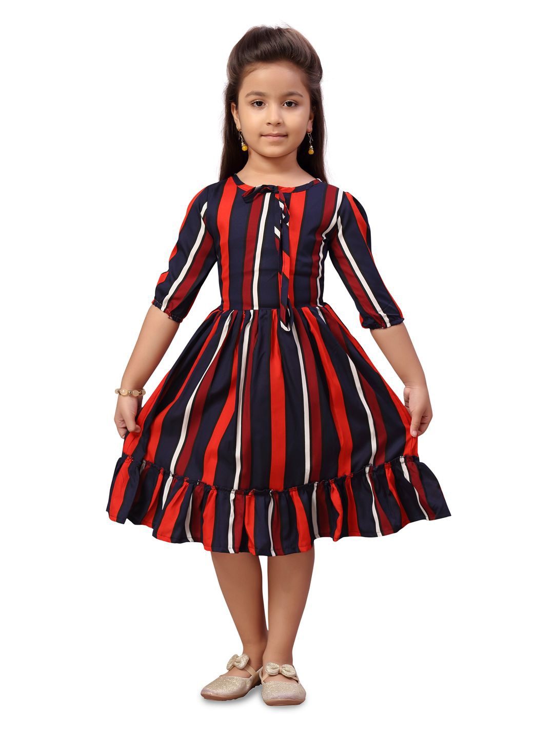 

BAESD Girls Striped Puff Sleeves Fit & Flare Dress, Red