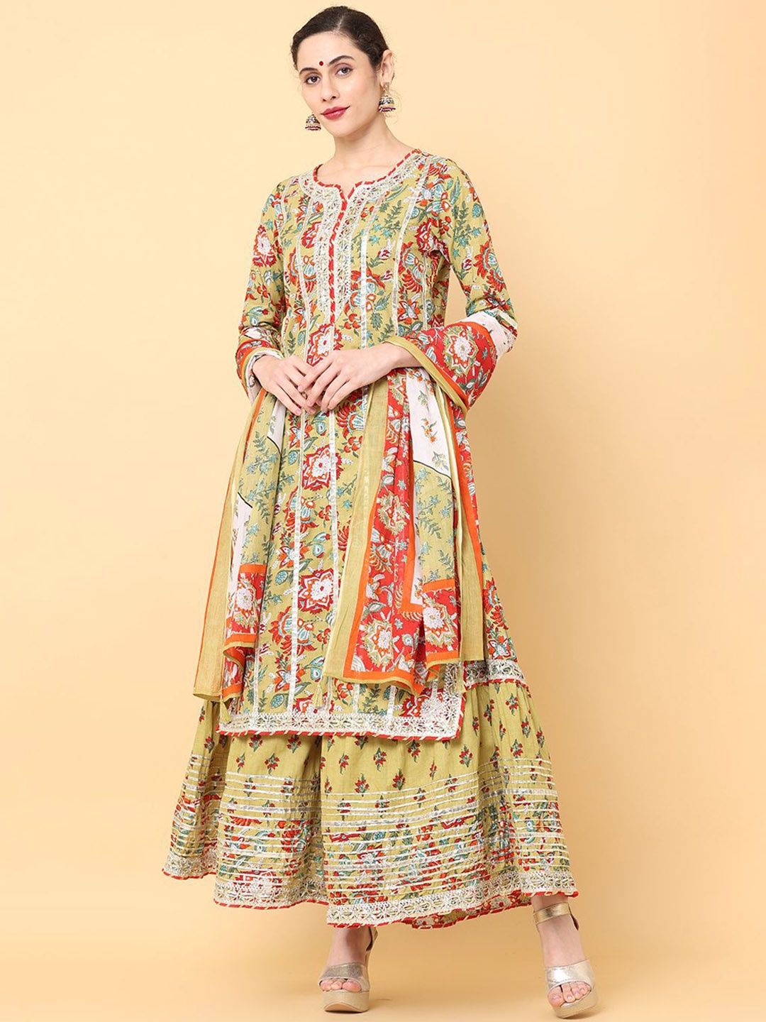 

all about you Women Floral Printed Regular Pure Cotton Kurta with Palazzos & With Dupatta, Mustard