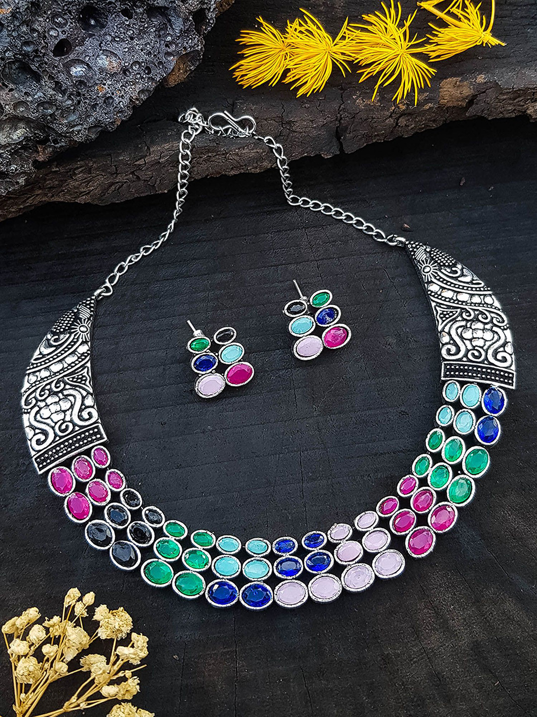 

GRIIHAM Silver-Plated Stones Studded Oxidised Jewellery Set
