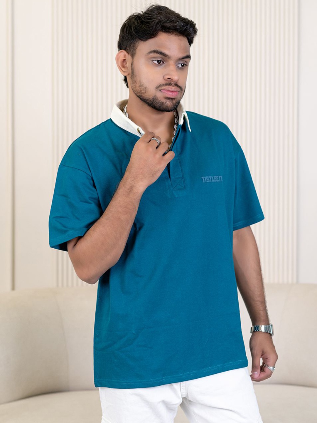 

Tistabene Men Solid Polo Collar Cotton Oversized T-shirt, Blue