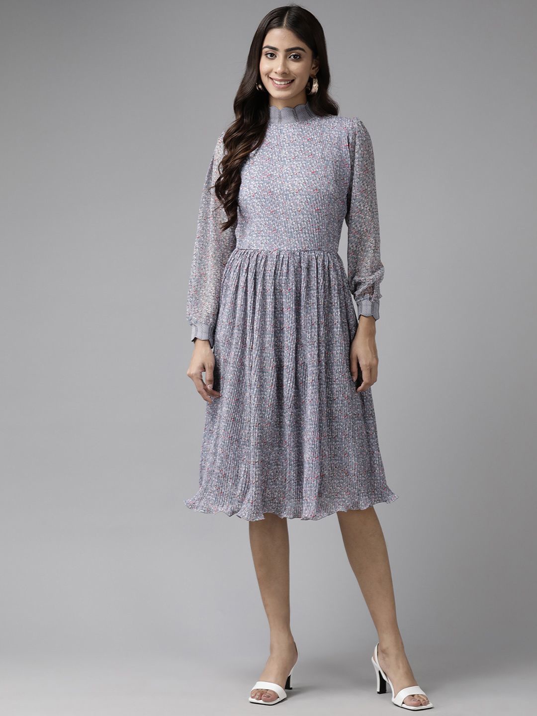 

BAESD Puff Sleeve Georgette Fit & Flare Dress, Grey