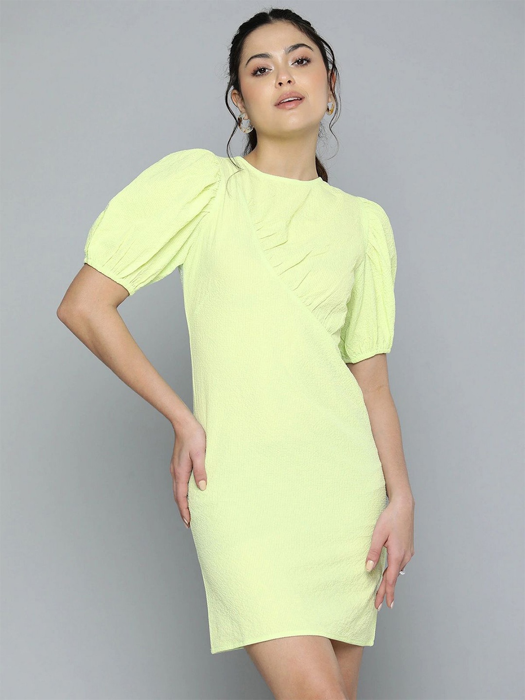 

KRICKEE Puff Sleeve Solid Sheath Dress, Lime green