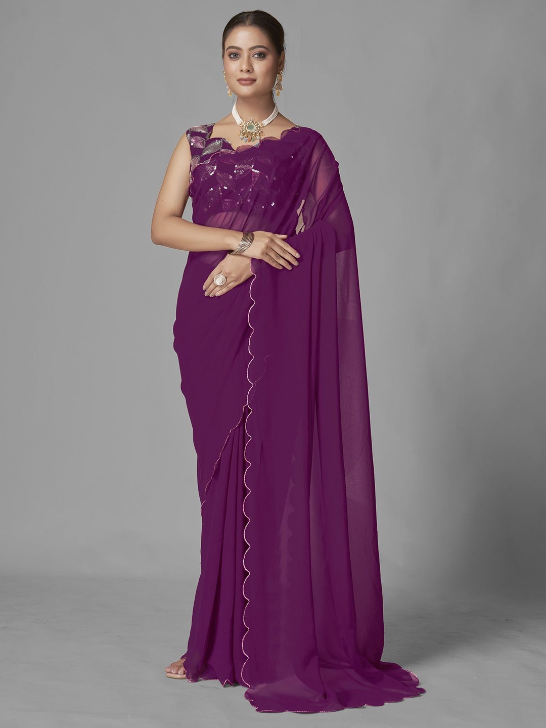 

JULEE Embroidered Pure Georgette Saree, Purple