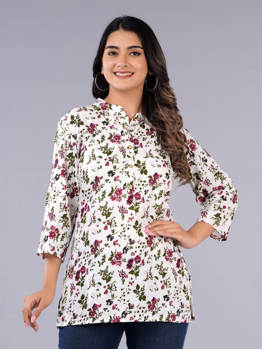 

TANISHA Women Floral Printed Mandarin Collar Top, White