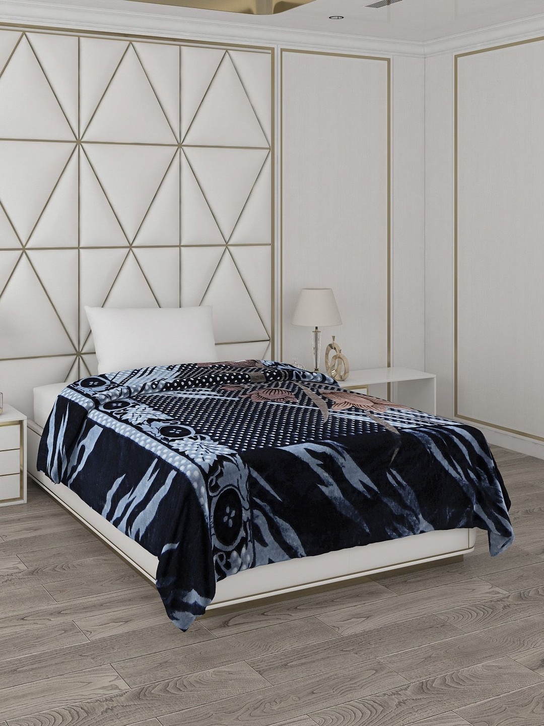 

Monte Carlo Navy Blue & Blue Mild Floral Printed Winter 600 GSM Single Bed Blankets