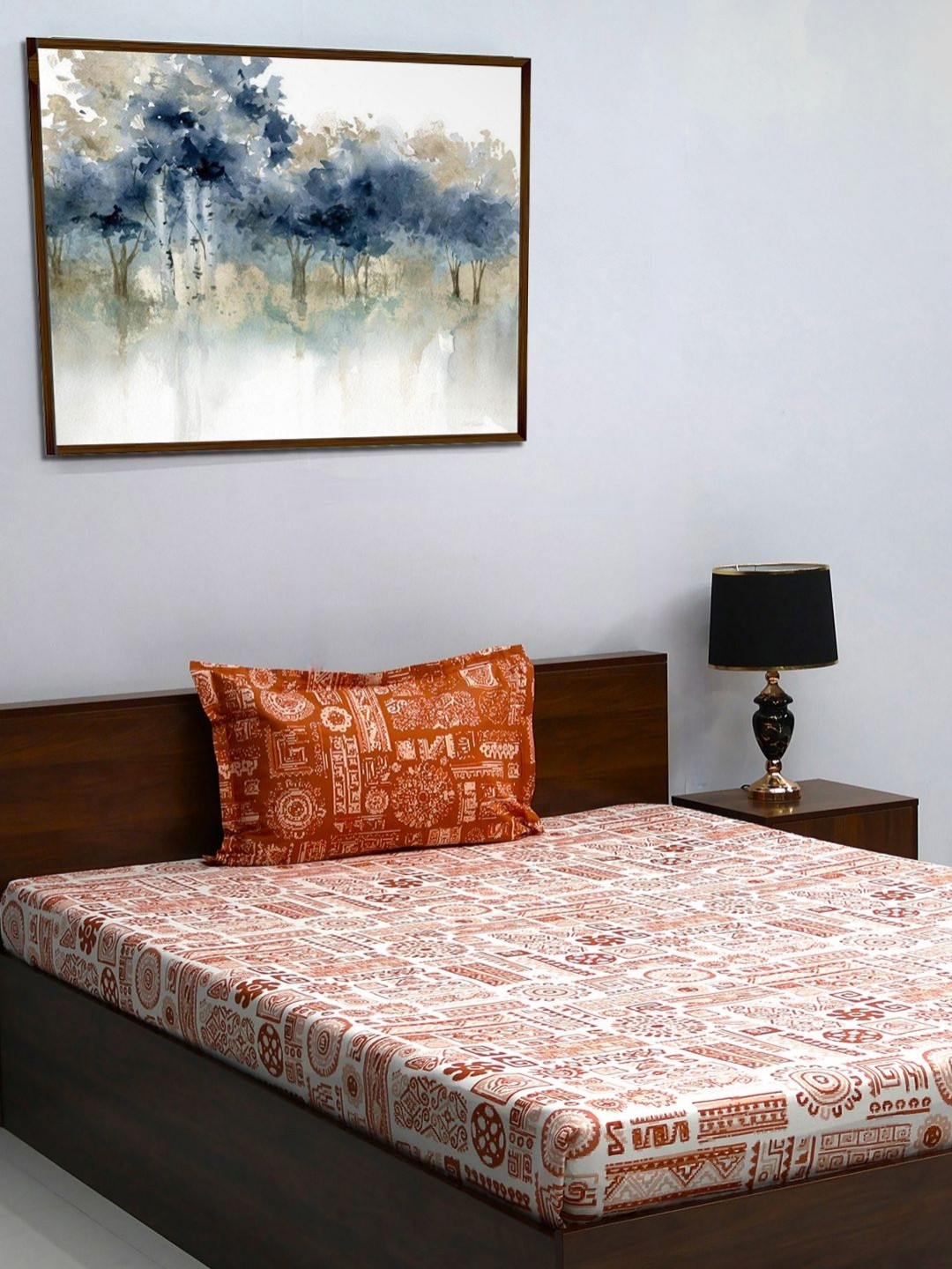 

BOMBAY DYEING Blumen Rust & White Geometric 104 TC Pure Cotton Single Bedsheet Set