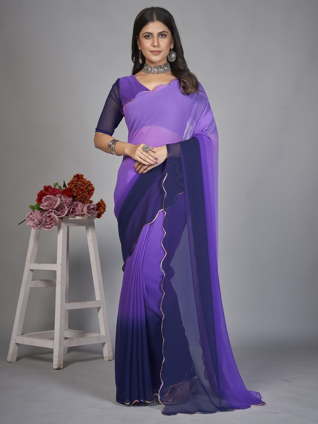 

JULEE Ombre Embroidered Pure Georgette Half and Half Saree, Purple