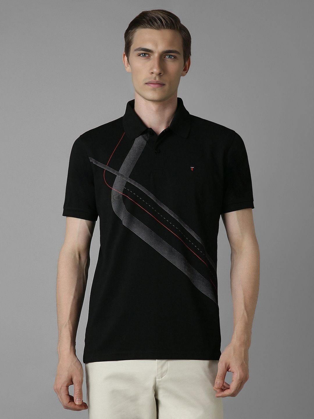 

Louis Philippe Sport Men Abstract Printed Polo Collar Cotton Slim Fit T-Shirt, Black