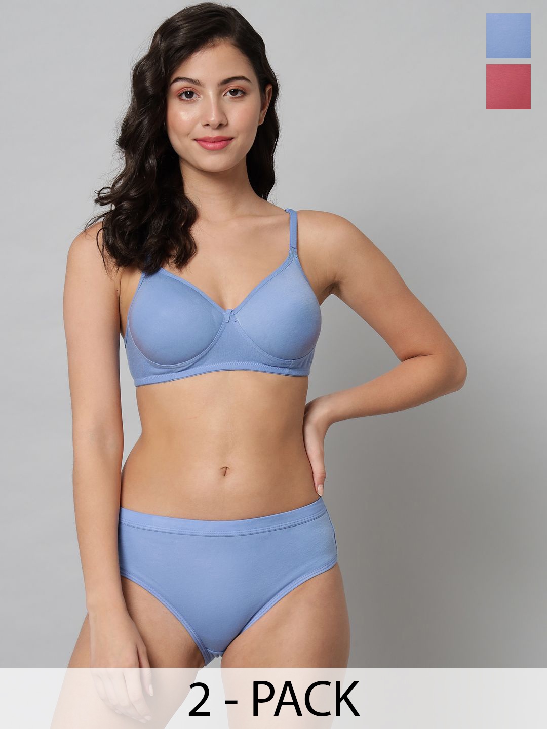 

R Cube Pack of 2 Full Coverage Padded Non Wired Bra & Mid-Rise Brief Lingerie Set, Blue