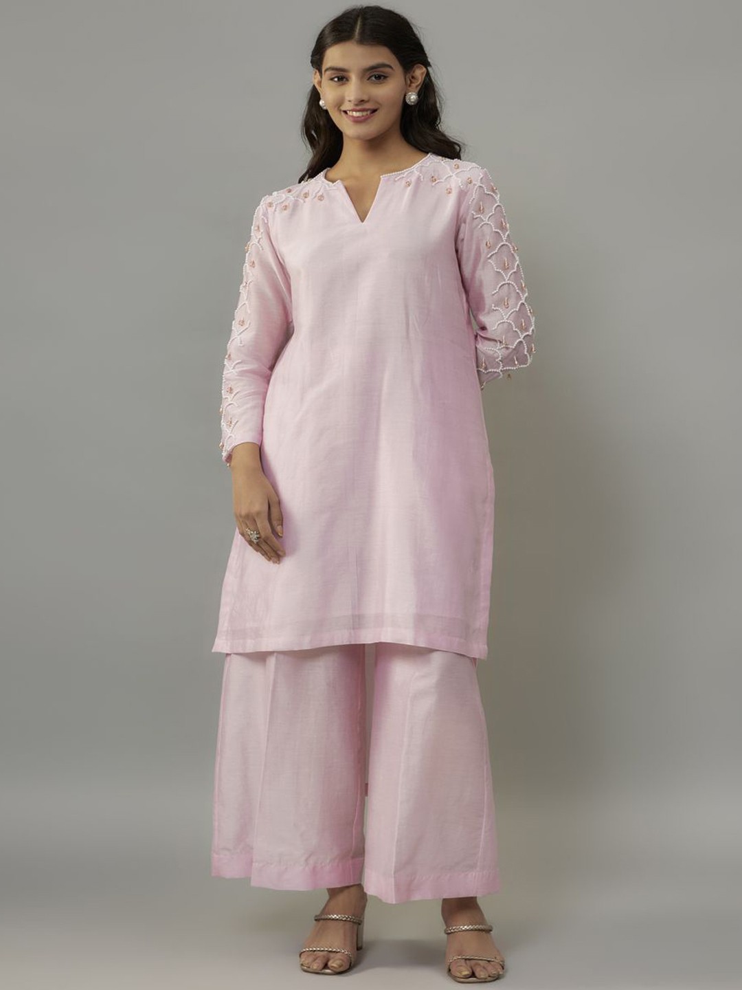 

The Aarya Beads and Stones Straight Kurta With Palazzos & Dupatta, Pink