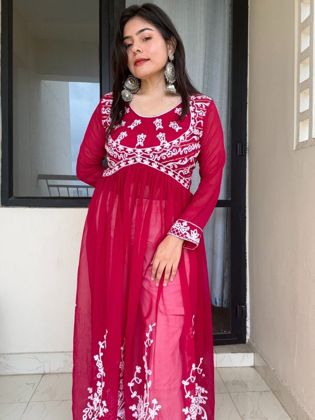 

KALINI Floral Embroidered Round Neck Chikankari Georgette Anarkali Kurta, Maroon