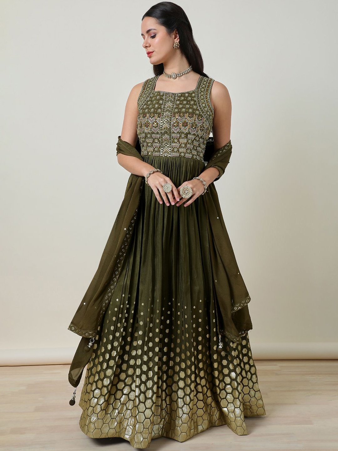 

Soch Embellished Anarkali Kurta with Churidar & Dupatta, Green