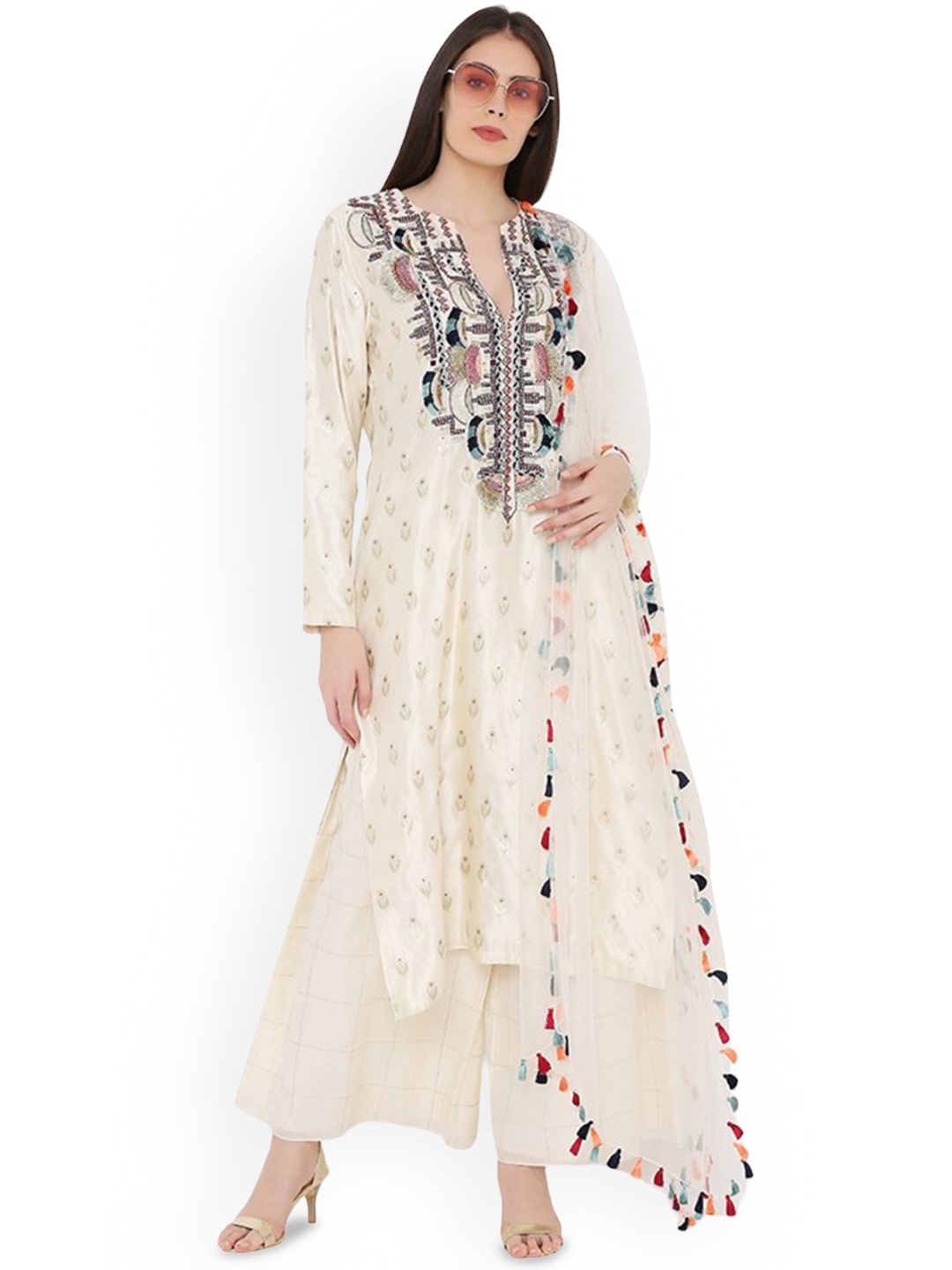 

Payal Singhal Ethnic Motifs Printed Thread Work Regular Kurta with Palazzos & With Dupatta, Cream