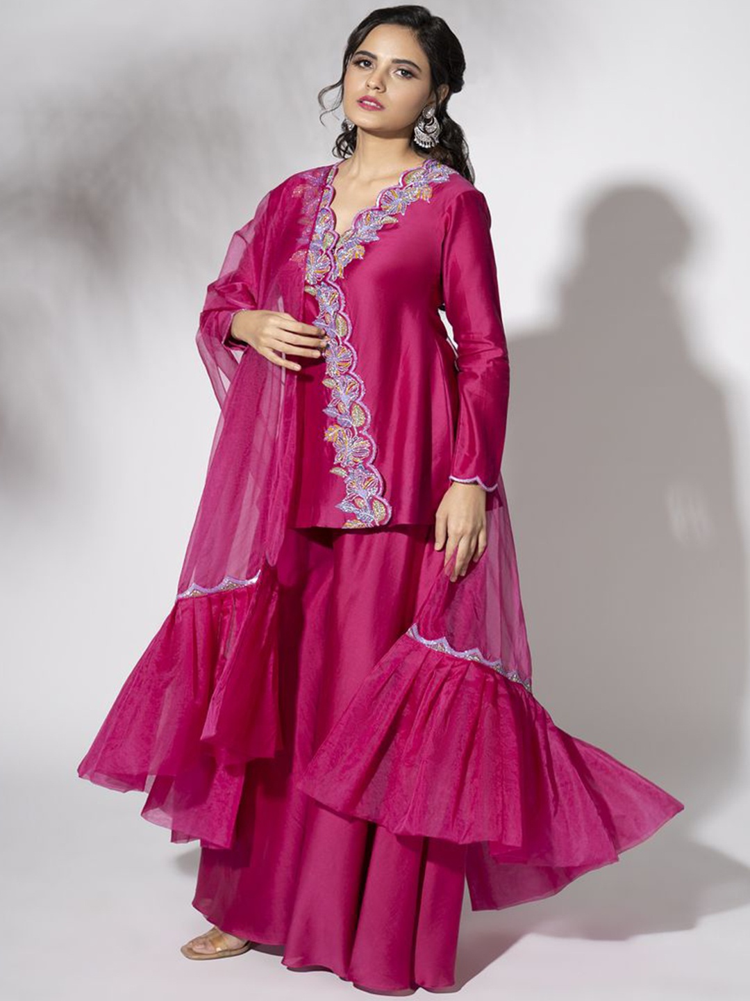 

The Aarya Floral Embroidered Zardozi V-Neck Straight Kurti With Palazzos & Dupatta, Pink