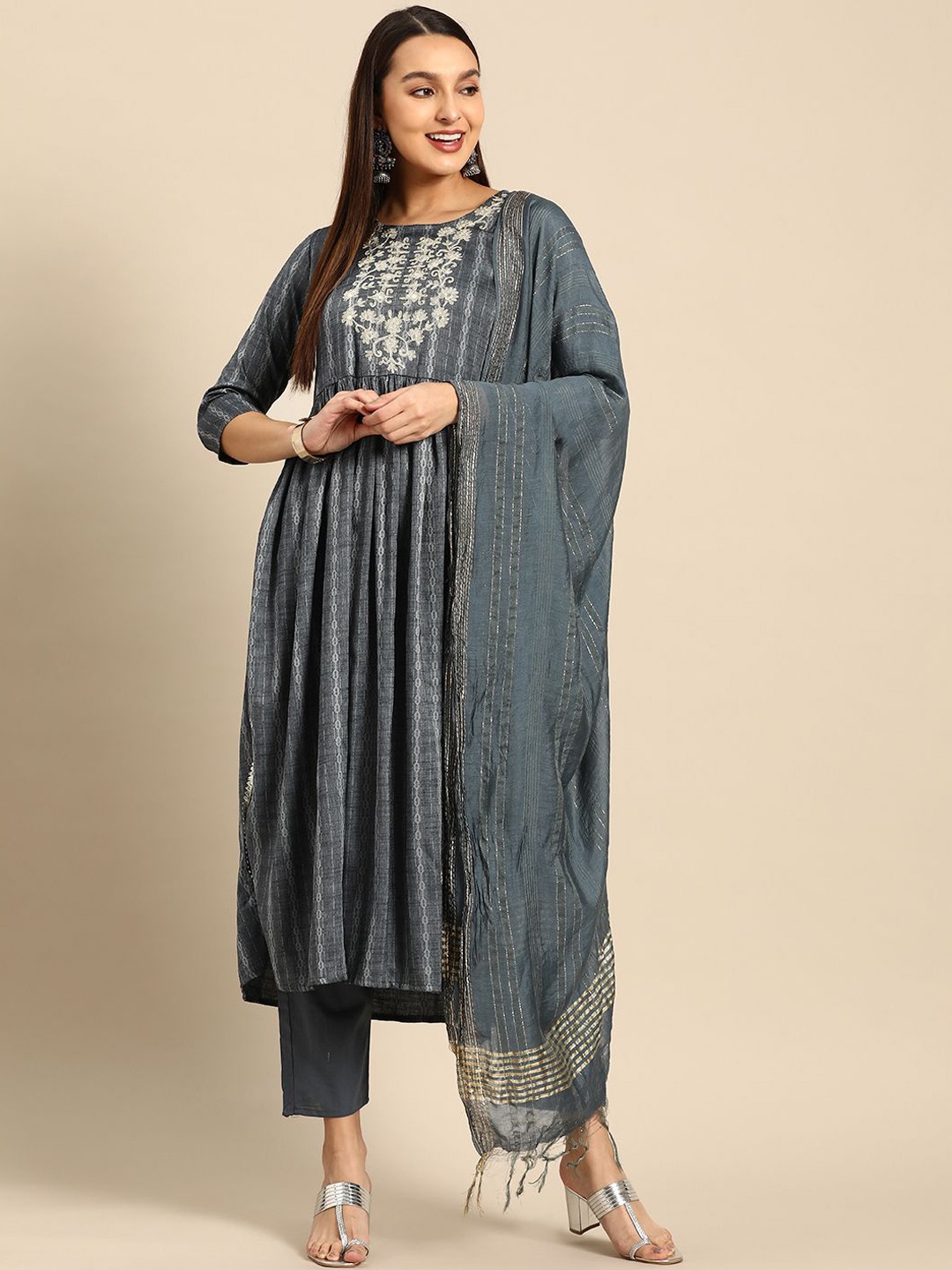 

IndigoFerry Women Floral Embroidered Regular Pure Silk Kurta with Trousers & With Dupatta, Grey