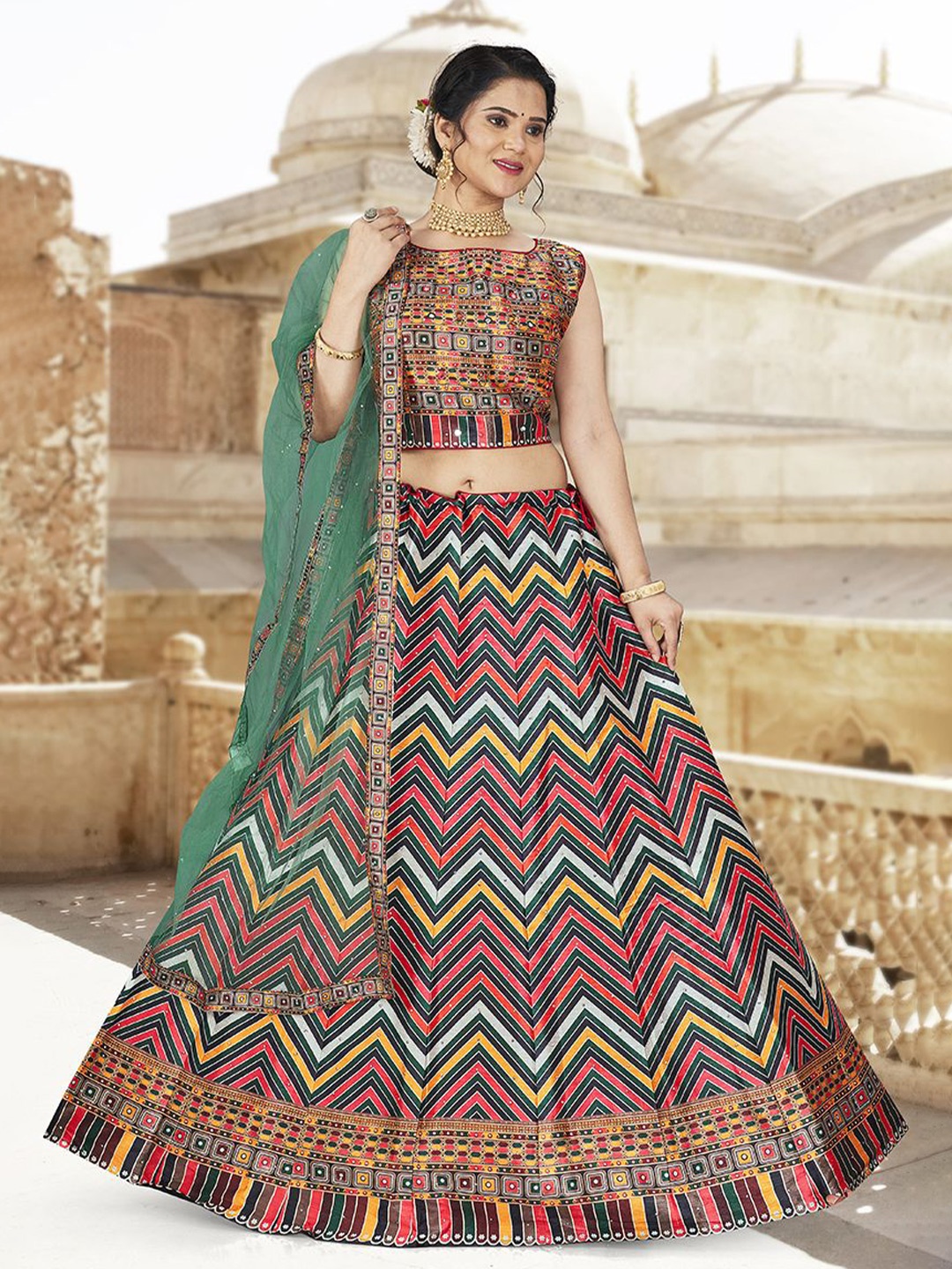 

EthnicTree Printed Beads and Stones Ready to Wear Lehenga & Blouse With Dupatta, Red