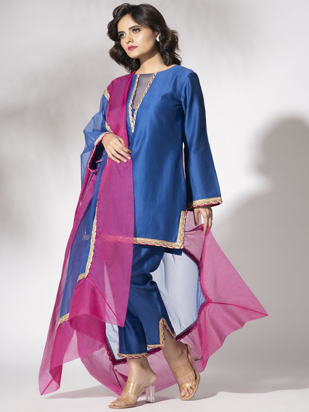 

The Aarya Ethnic Motifs Yoke Design Zardozi Straight Kurti With Trousers & Dupatta, Blue