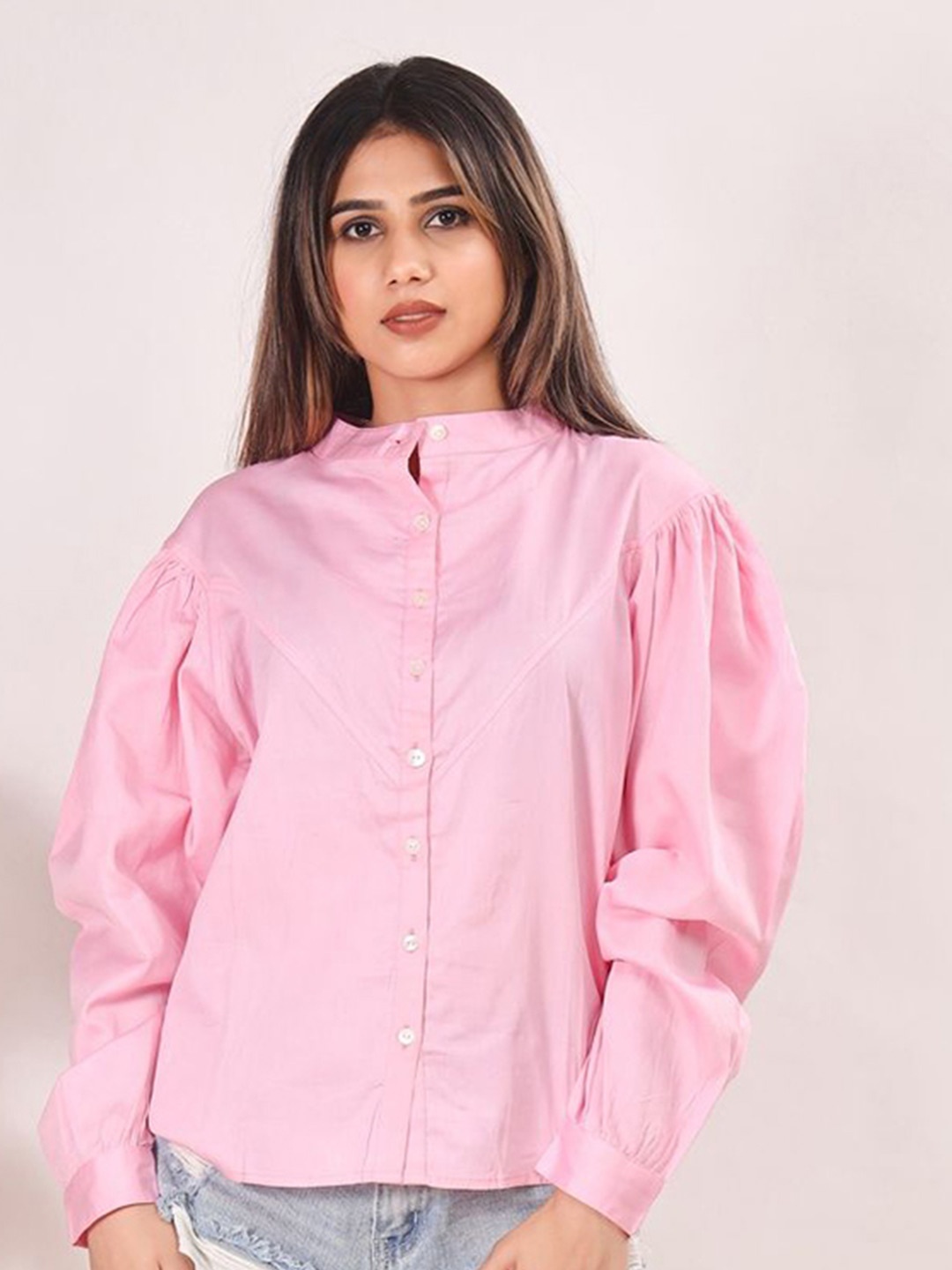 

SIDDHO HUM Women Band Collar Solid Cotton Casual Shirt, Pink