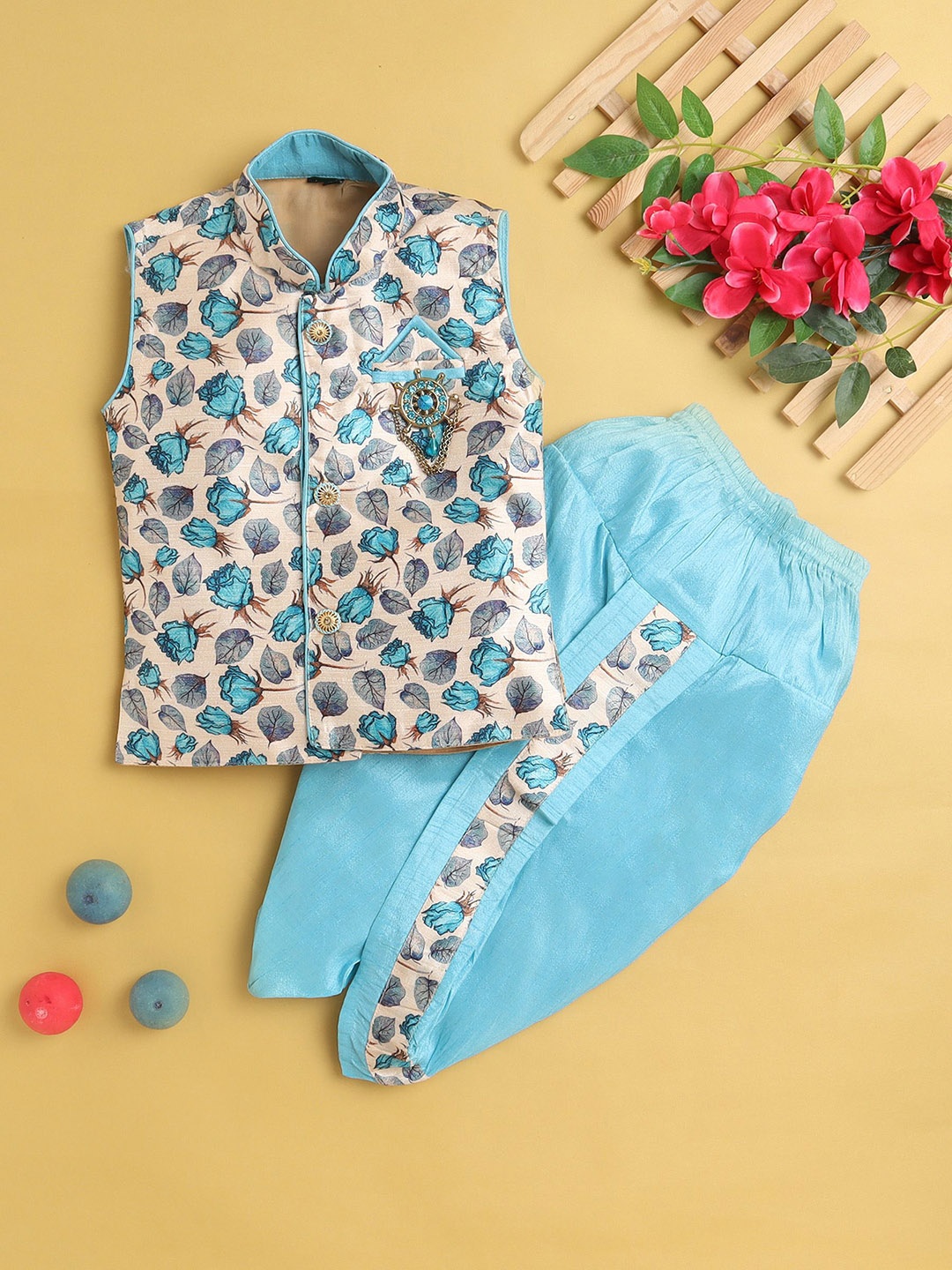 

Jeetethnics Boys Floral Printed Mandarin Collar Regular Straight Kurta with Dhoti Pants, Blue
