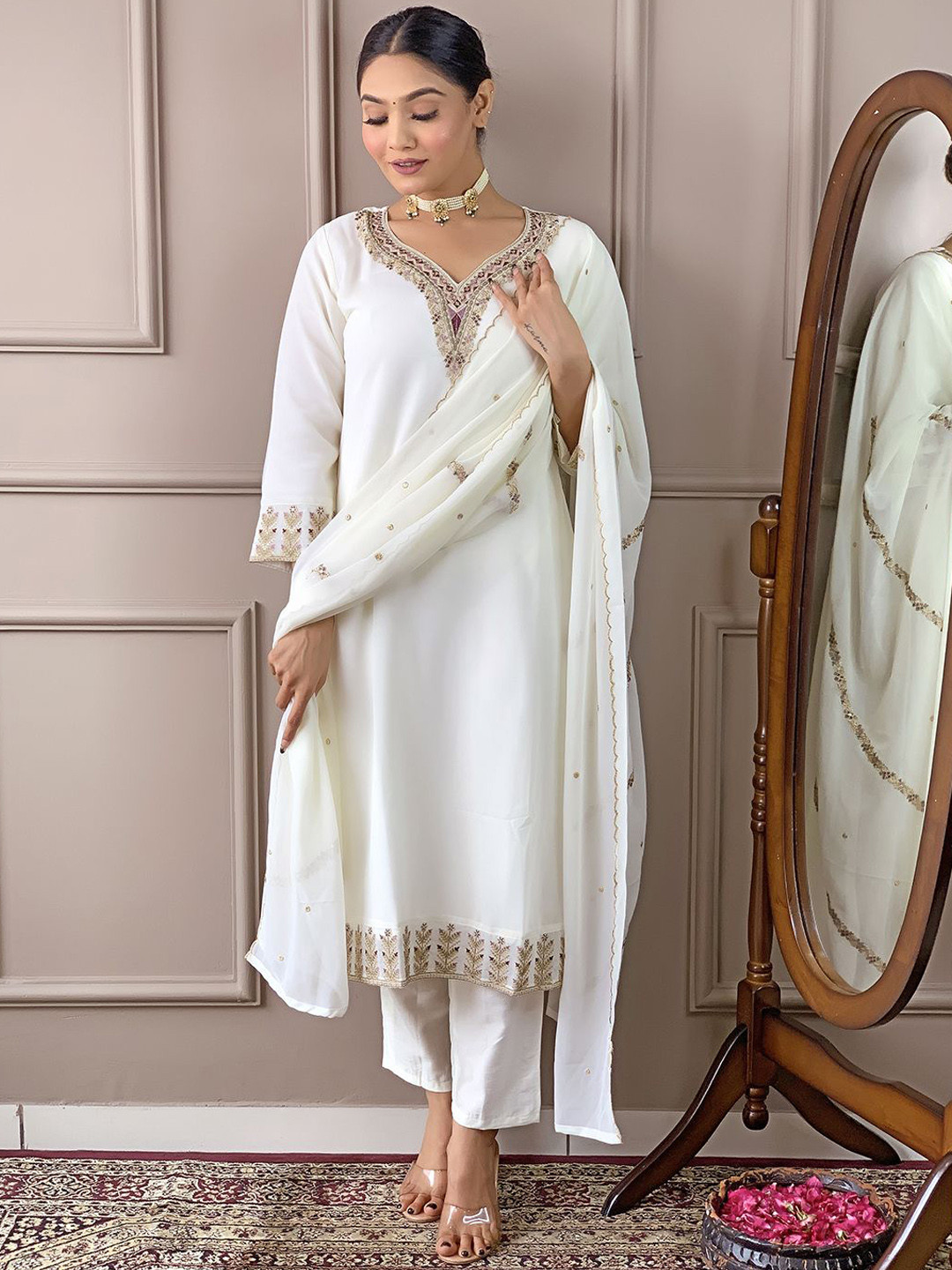 

KALINI Ethnic Motifs Embroidered Thread Work Kurta with Trousers & Dupatta, White