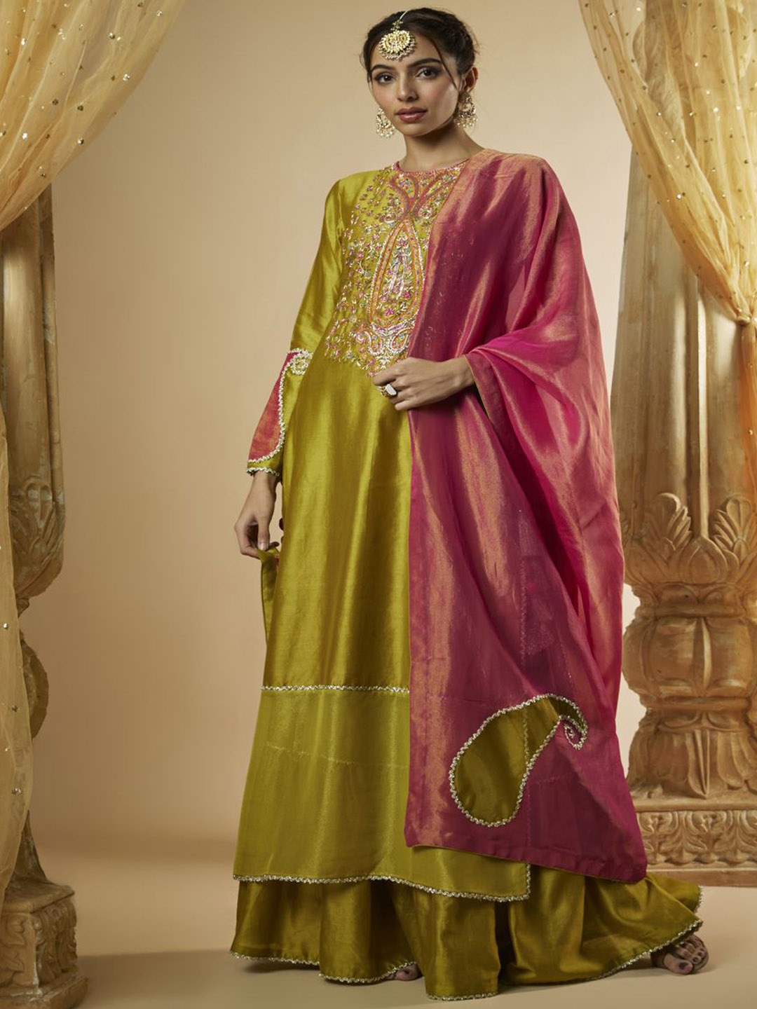 

The Aarya Floral Embroidered Beads & Stones A Line Kurta with Sharara & Dupatta, Olive