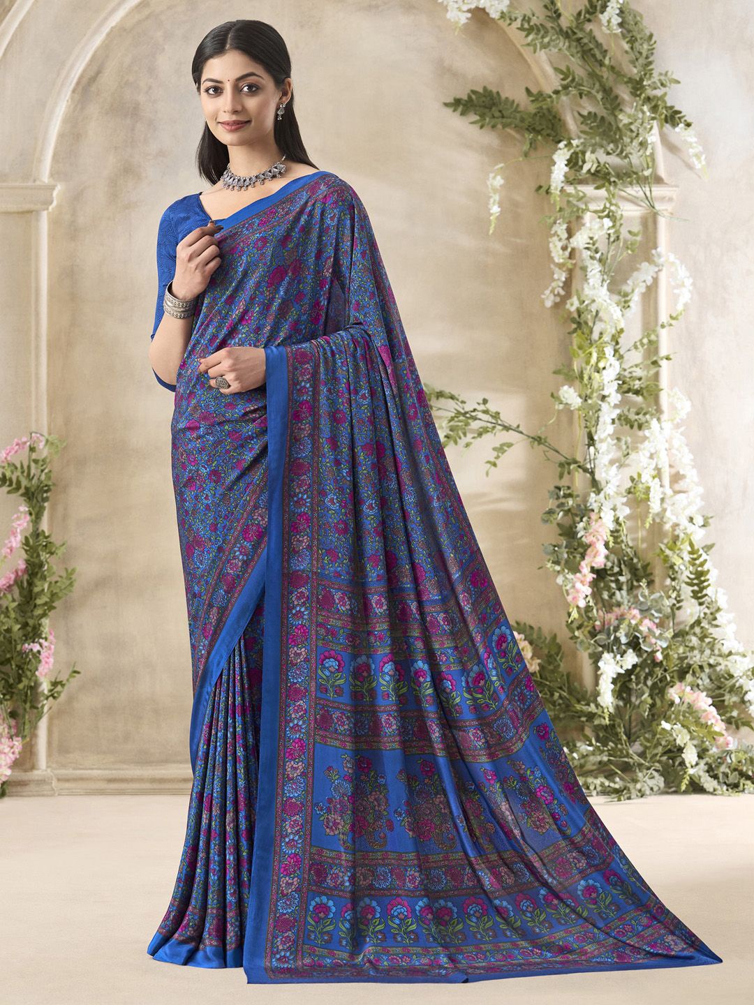 

Mitera Floral Poly Crepe Bagru Saree, Blue