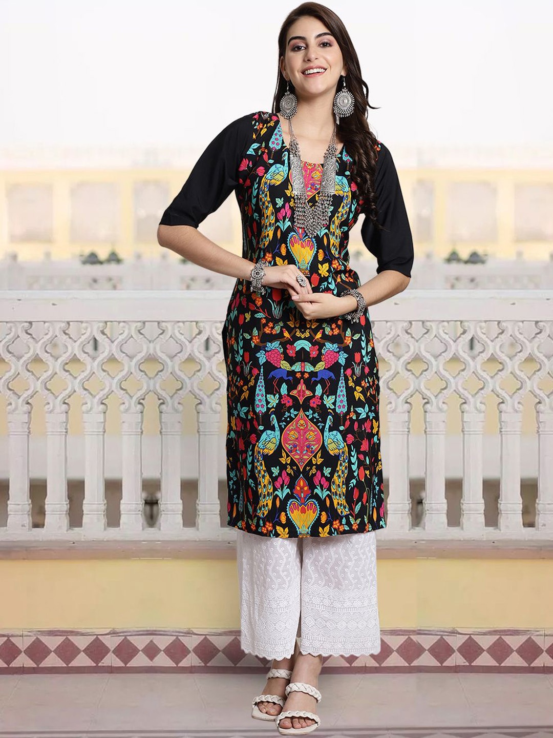 

KALINI Floral Printed Round Neck Straight Kurta, Black