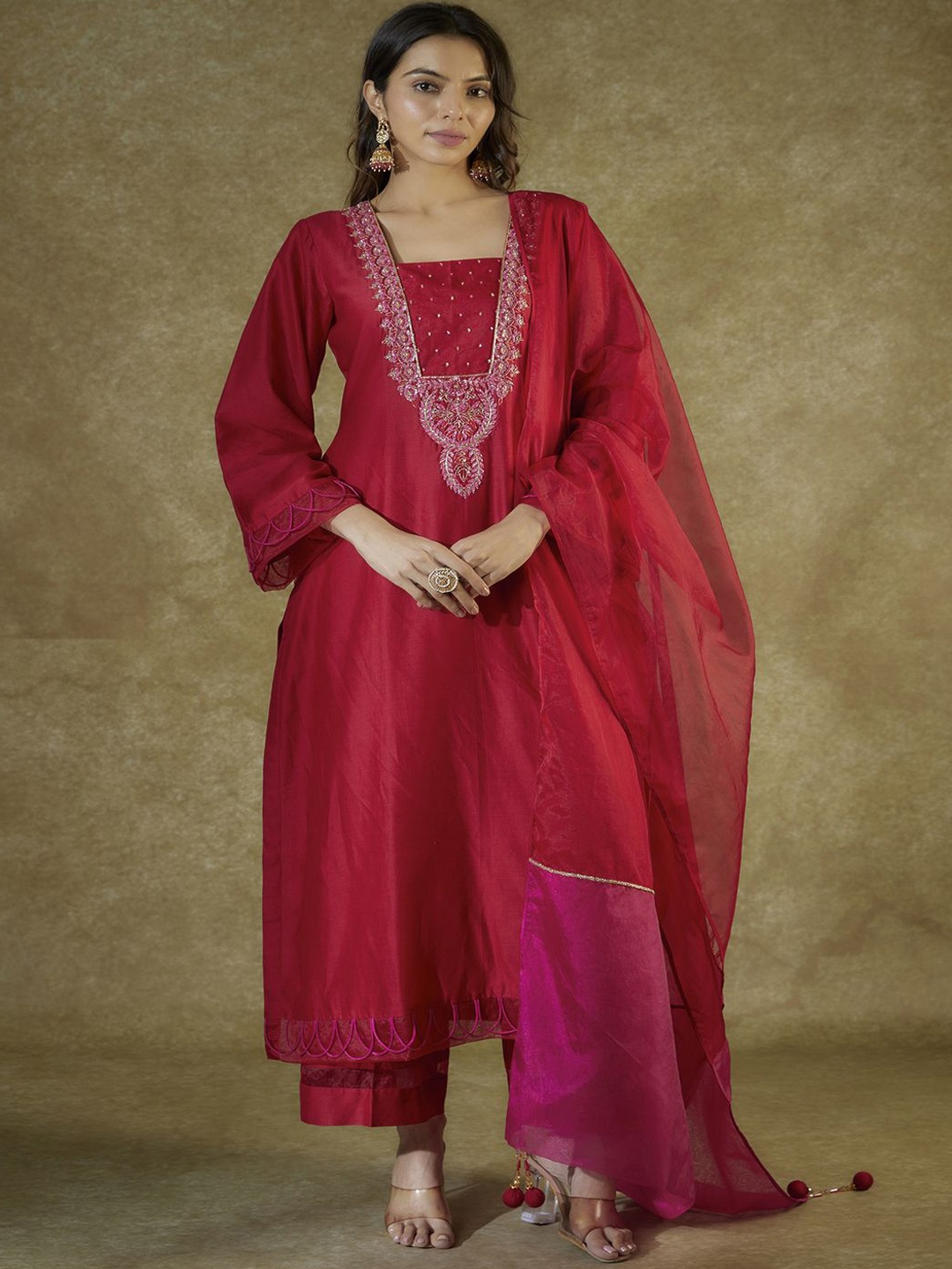 

The Aarya Floral Embroidered Beads and Stones A Line Kurta with Trousers & Dupatta, Red