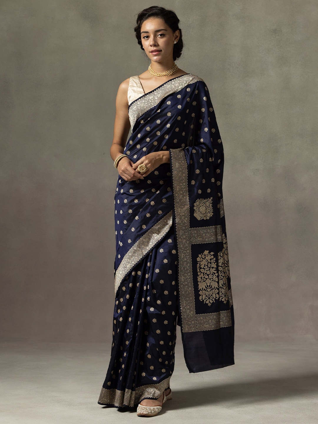 

bansari textiles Woven Design Zari Silk Blend Banarasi Saree, Blue