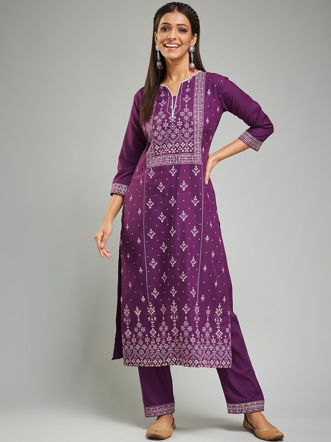 

KALINI Floral Printed V Neck Gotta Patti Straight Kurta with Trousers, Magenta