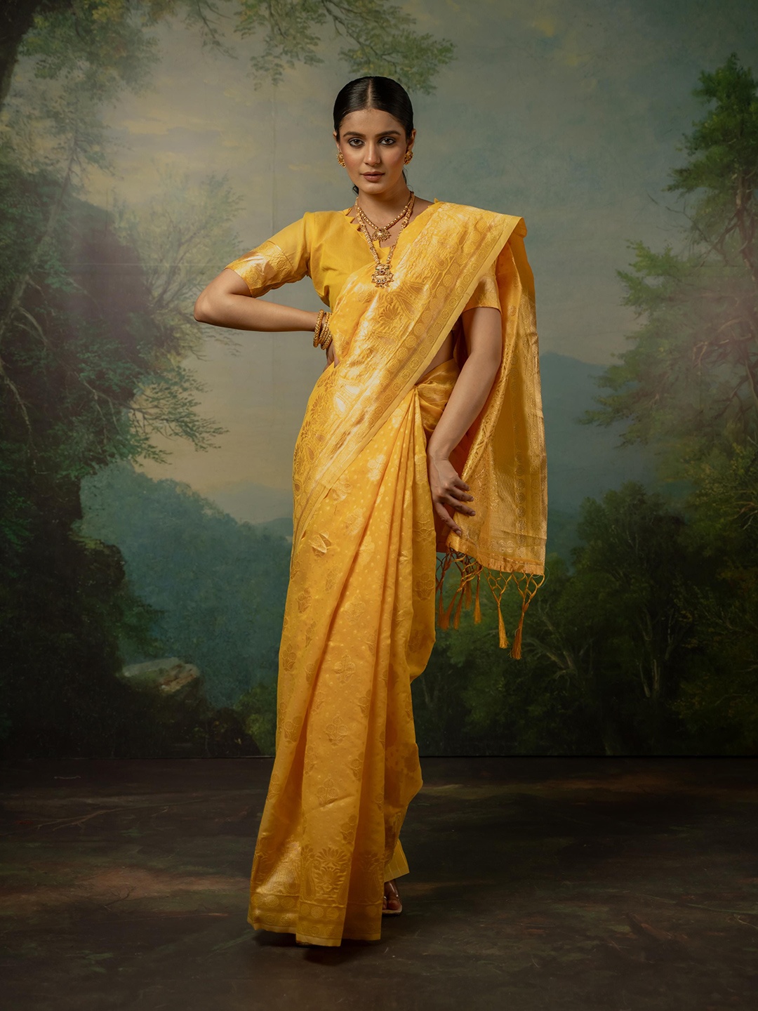 

Dori Woven Design Zari Silk Blend Banarasi Saree, Yellow