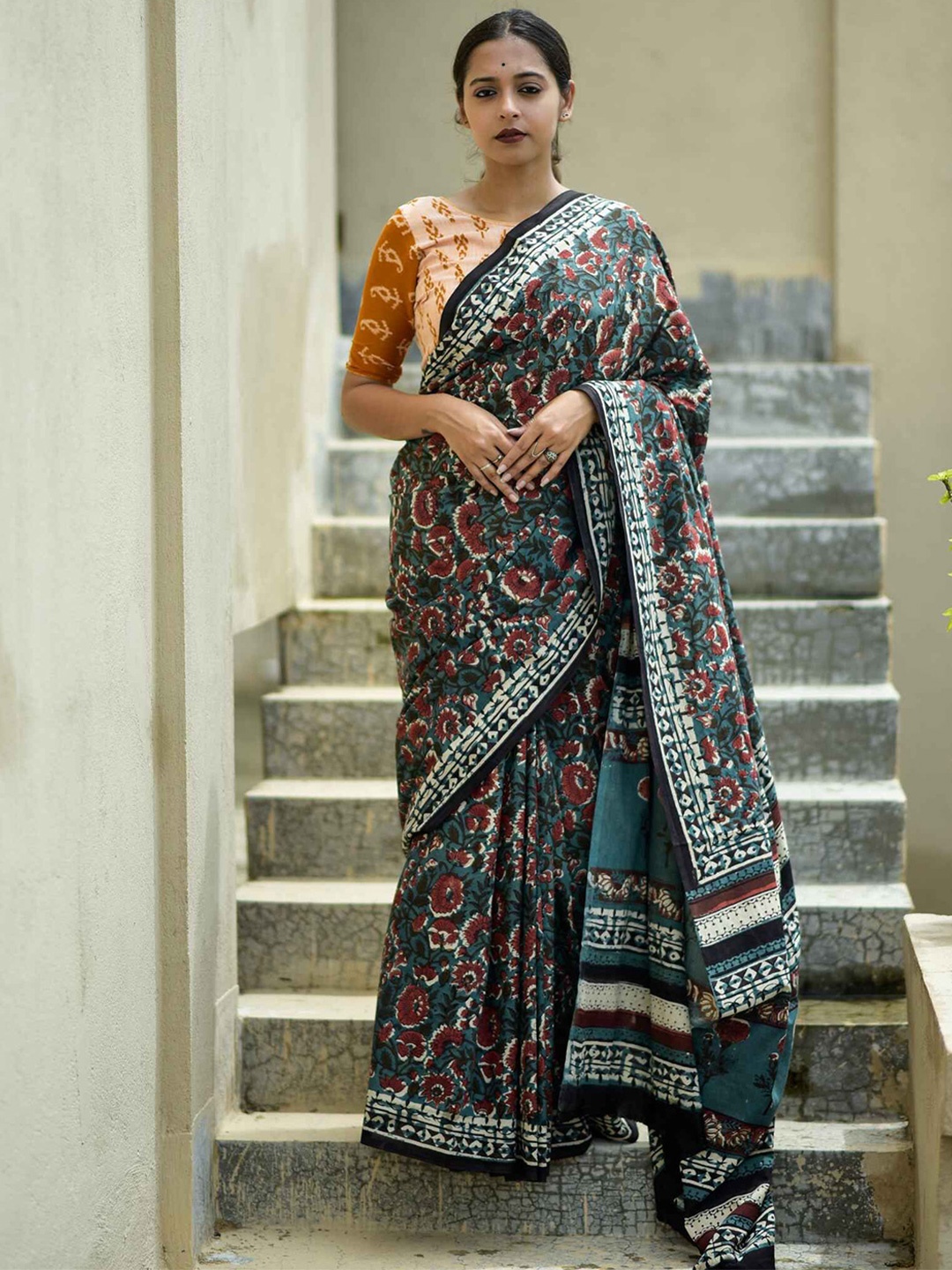 

Moora Floral Pure Cotton Bagru Saree, Green