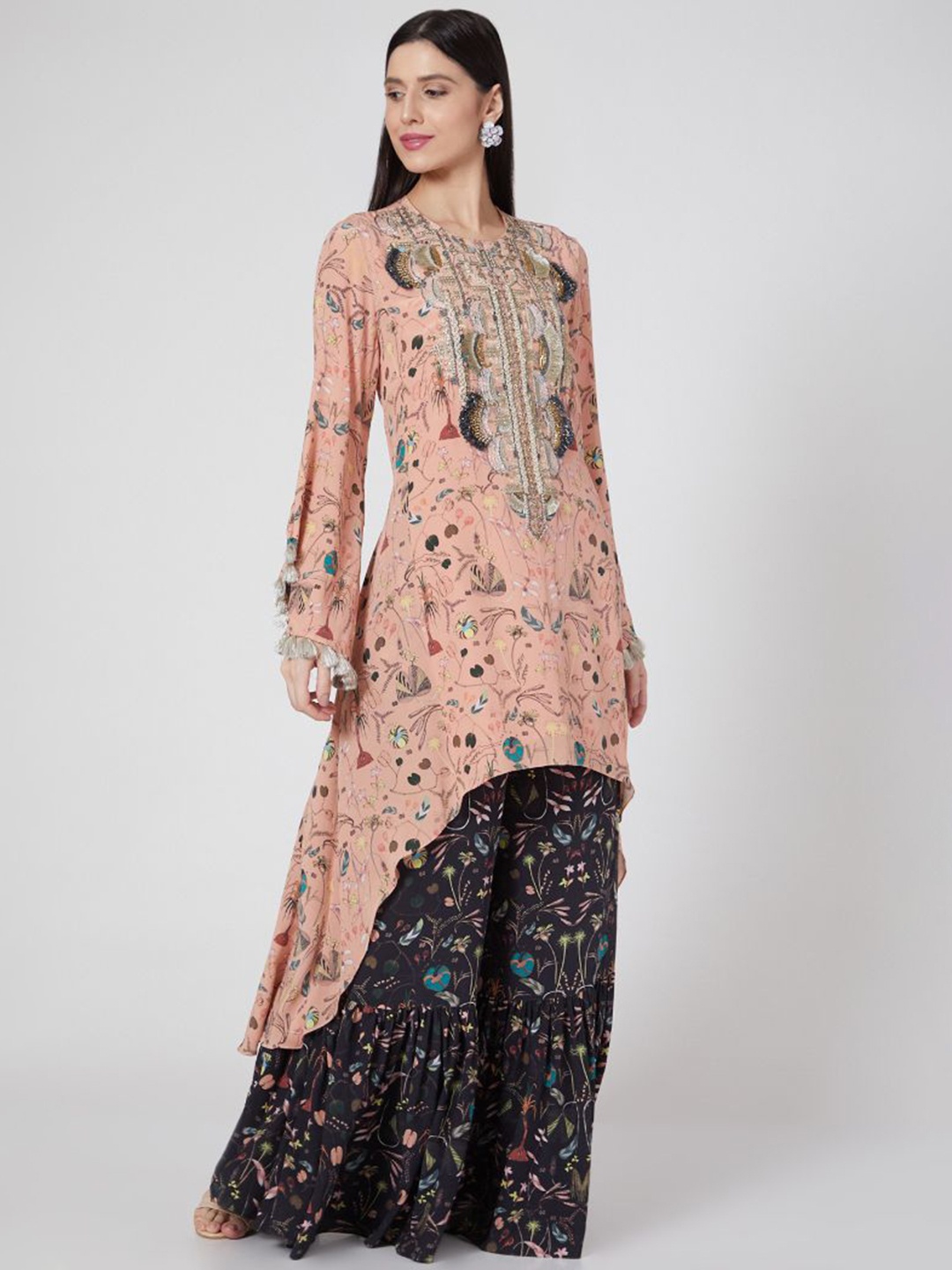 

Payal Singhal Floral Printed Round Neck Thread Work Asymmetric A-Line Kurta with Sharara, Black