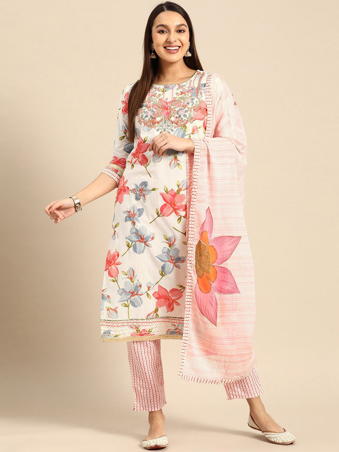 

IndigoFerry Women Floral Printed Regular Mirror Work Pure Cotton Kurta with Trousers & With Dupatta, White