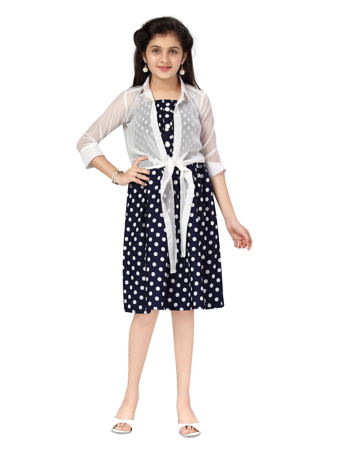 

BAESD Girls Polka Dot Print Fit & Flare Dress With Shrug, Navy blue