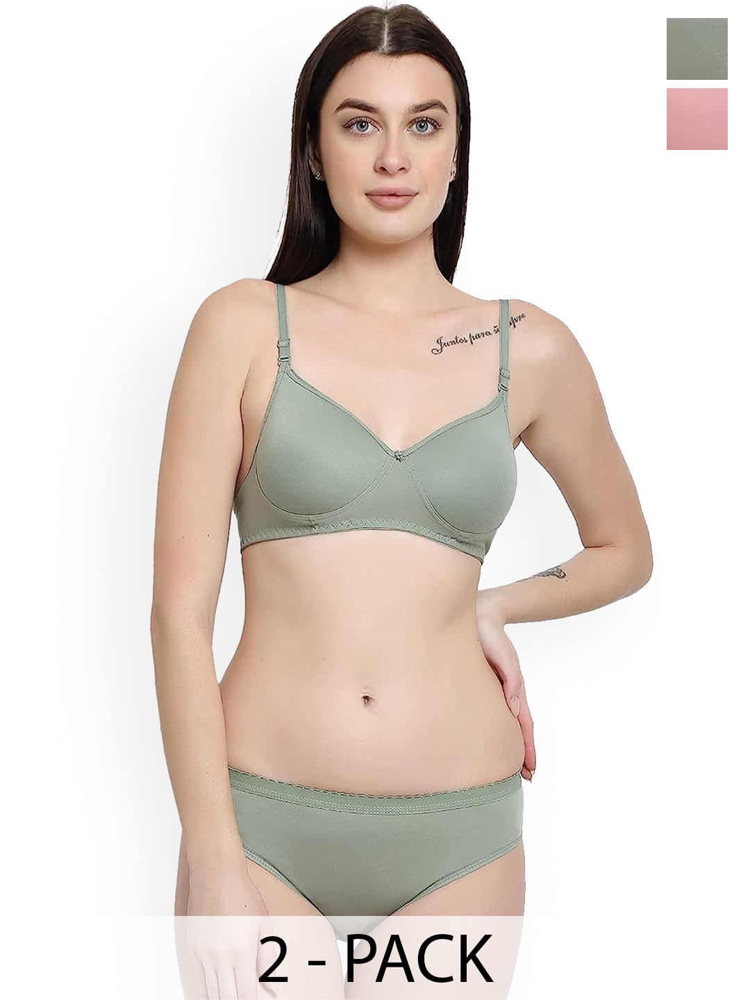 

R Cube Pack Of 2 Women Full Coverage Padded Bra and Briefs Lingerie Set, Green