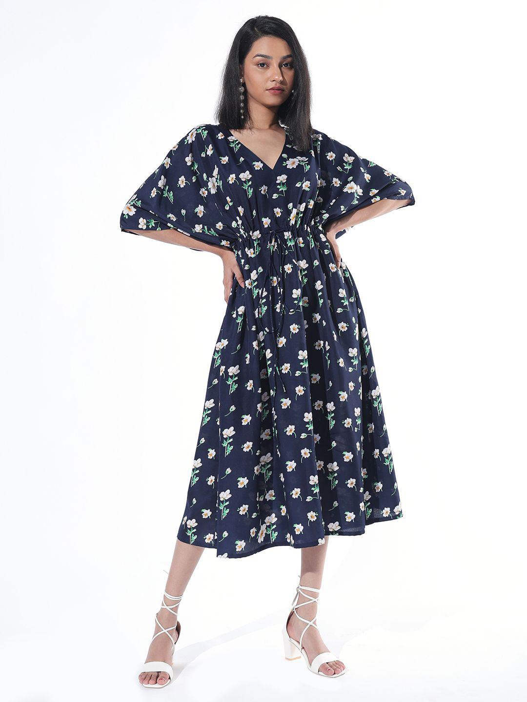 

DEPANO Floral Print Flared Sleeve Crepe Midi Dress, Black