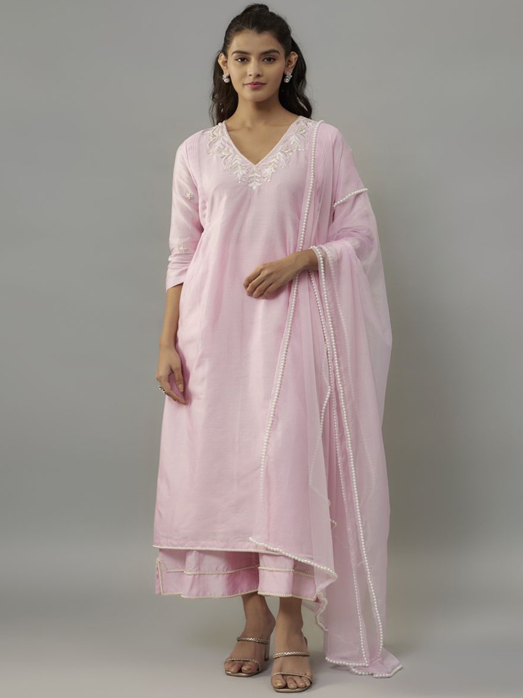 

The Aarya Floral Embroidered Zardozi Chanderi Cotton A-Line Kurta With Palazzos & Dupatta, Pink