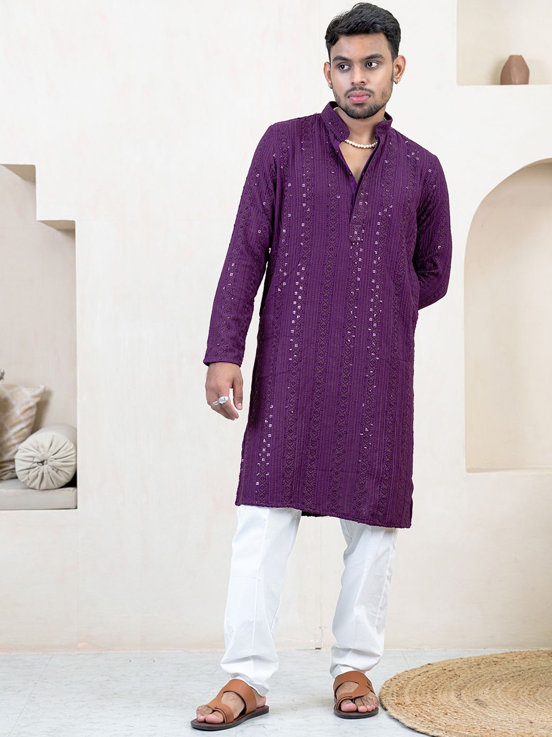 

Tistabene Geometric Sequins Embroidered Mandarin Collar Cotton Straight Kurta, Purple