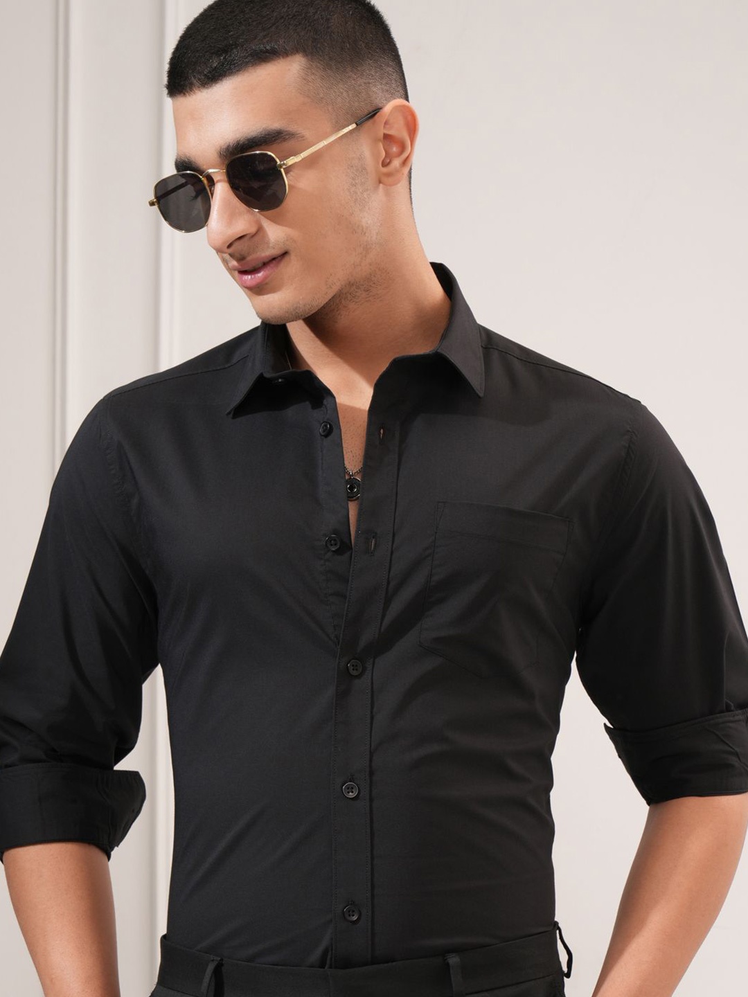 

Highlander Men Soft Stretch Solid Mui Occation Slim Fit Shirt, Black