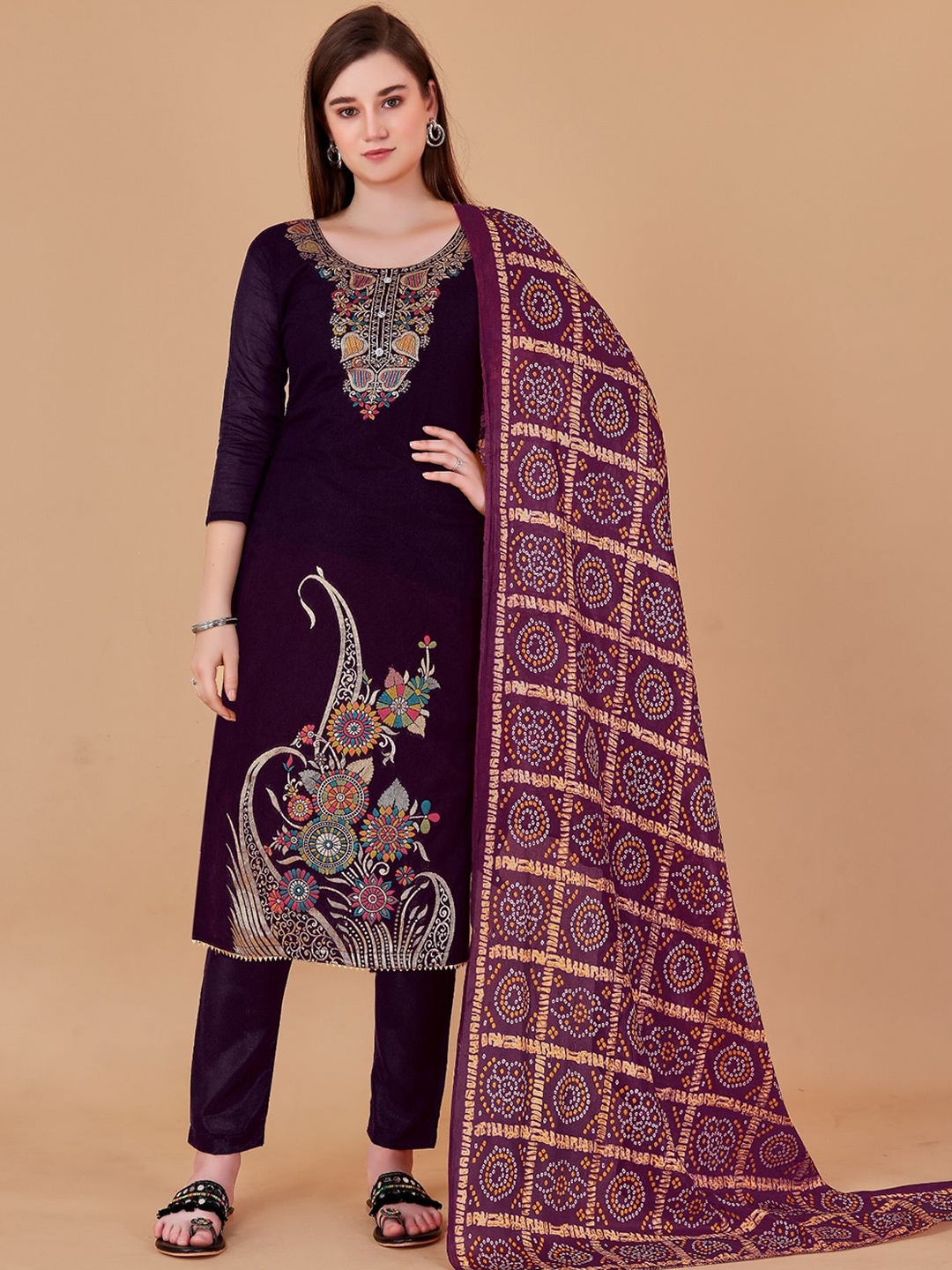 

LADY SHOPI floral Embroidered Unstitched Dress Material, Brown