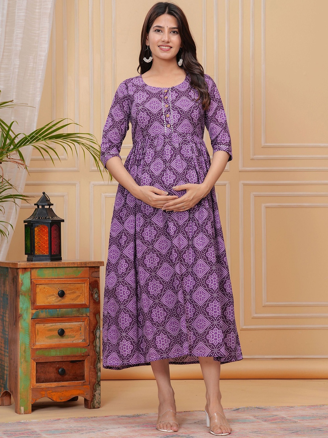 

NITVAN Ethnic Motifs Printed Cotton Maternity Fit and Flare Ethnic Dress, Purple