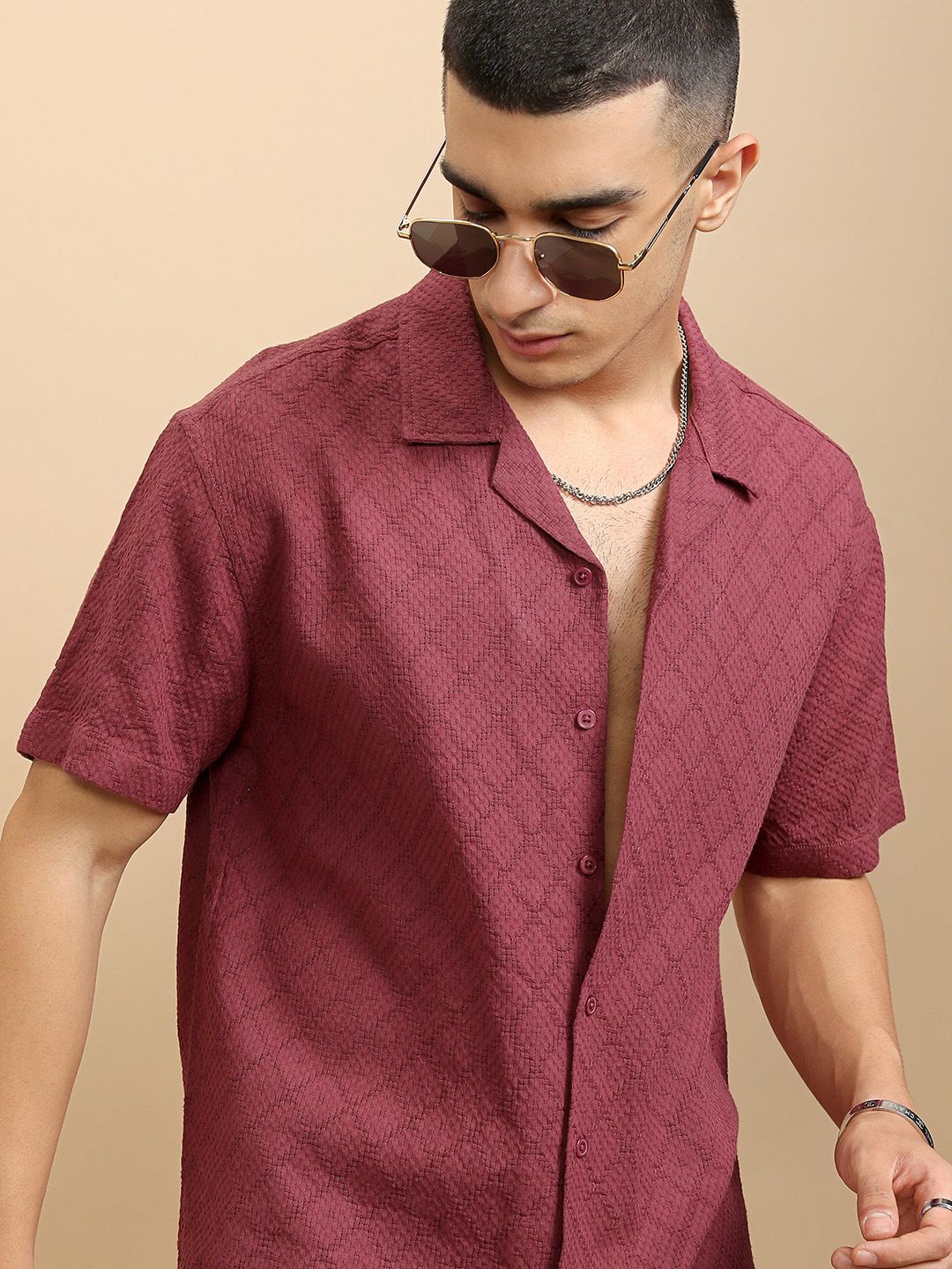 

Highlander Men Printed Checked Casual Relaxed Fit Shirt, Maroon